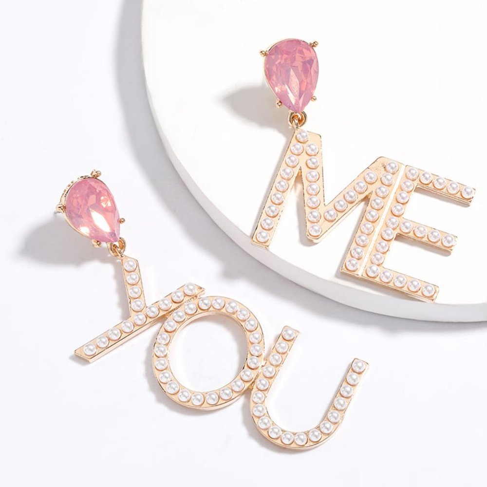 Me & You BFF Gold Pink Rhinestone Pearl Earrings